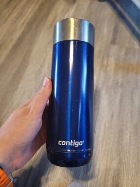 Blue and silver Contigo insulated travel mug - some wear and tear as seen